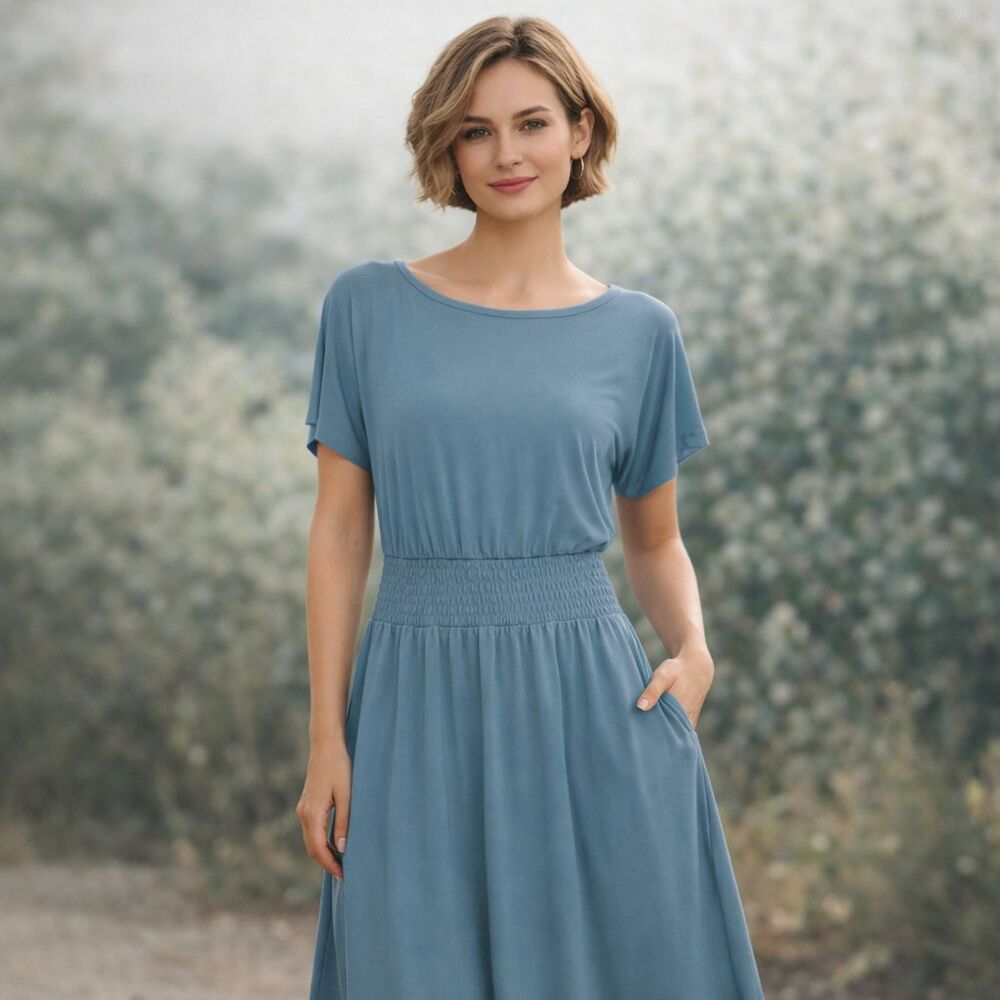 Ann Taylor Dusty Blue Smocked Waist Midi-Maxi Dress Everyday Minimalist Dress